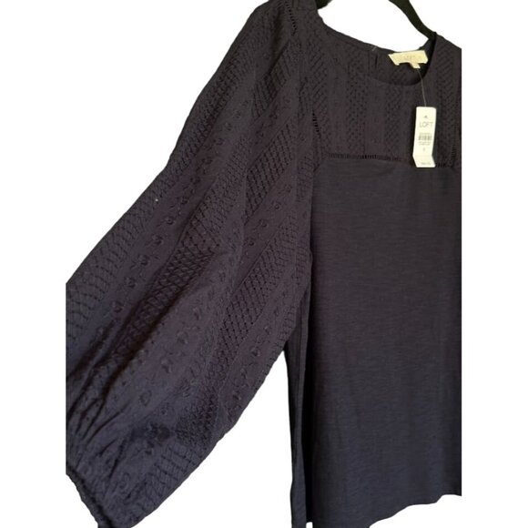 Loft Navy Blue Embroidered Cotton Blouse With Balloon Sleeves S - Picture 7 of 8